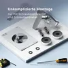 A collection of bathroom faucet parts and tools arranged on a marble-like surface, with text overlay. Produktbild-Vorschau