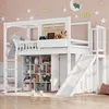 A white loft bed with a slide and storage shelves in a child's bedroom. Produktbild-Vorschau