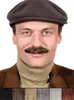 A man wearing a brown cap and a tan turtleneck, with a brown mustache, is shown from the chest up against a white background. Below the man are swatches of different hair colors. Produktbild-Vorschau