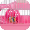 A pink hamster cage with a pink wheel and a small toy mouse inside. Náhľad obrázku produktu