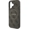 A side view of a brown and gray Guess branded phone case with a classic logo pattern. Produktbild-Vorschau