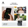 A collage showcasing the Hollyland Lark M2S wireless lavalier microphone system, featuring a phone screen displaying the app interface, two individuals using the microphone in different environments (strong and weak noise cancellation), and a close-up of t Anteprima dell’immagine prodotto