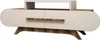 A modern TV stand with a sleek design, featuring cream-colored doors and a walnut wood base and accents. A small white shelf is mounted on top. Anteprima dell’immagine prodotto