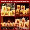 A collage of images showing LED Christmas candles with Santa Claus and snowman designs, displayed in various festive settings like near a fireplace and on a table with Christmas decorations. Produktbild-Vorschau