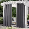 Outdoor curtains hanging on a pergola with a chair visible in the background. Produktbild-Vorschau