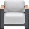 A single outdoor lounge chair with gray cushions and light teak-look armrests on a white background. Produktbild-Vorschau