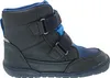 A side view of a navy and royal blue child's boot with velcro straps. Produktbild-Vorschau