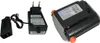 A black battery charger and a black battery pack are displayed on a white background. Produktbild-Vorschau