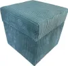 A close-up studio shot of a teal corduroy ottoman.