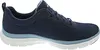 A side view of a navy blue Skechers women's sneaker with light blue and white accents. Voir les images du produit