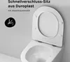 A close-up view of a white toilet seat and lid, with text and an icon on a light gray background. Produktbild-Vorschau