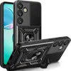A black phone case with a ring holder and camera cover is shown from two angles against a white background. Produktbild-Vorschau