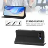 A person's hands are shown holding a phone in a black leather case, with diagrams illustrating the case's stand feature. Anteprima dell’immagine prodotto