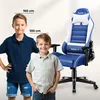 Two children are shown next to a gaming chair, with height markers indicating suitability for different heights. Produktbild-Vorschau