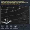 A black gaming chair is shown with text and icons highlighting its features. Produktbild-Vorschau