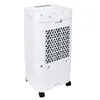 A white portable air cooler with a black grate on the side, viewed from the back, resting on wheels. Produktbild-Vorschau