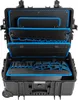 An open black tool case with blue accents, showing multiple compartments and organizers. The case is on wheels. Náhľad obrázku produktu