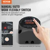A hand is shown interacting with a VEVOR voltage-sensitive relay, highlighting its manual/auto mode switch feature. The product is displayed with text overlays explaining its functionality. Produktbild-Vorschau