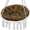 A close-up studio shot of a round Papasan cushion for a hanging chair, with a brown tufted cushion and white macrame fringe. Produktbild-Vorschau