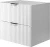 A white bathroom vanity cabinet with two drawers and black handles, shown from a three-quarter angle against a white background. Podgląd zdjęcia produktu