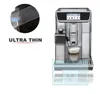 A silver DeLonghi coffee machine with a cup of coffee on a transparent stand, with text overlay. Produktbild-Vorschau