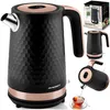 A collage of images showing a black and copper electric kettle with a honeycomb texture, including a close-up of the spout, a shot of the kettle pouring tea, and a product box. Náhled obrázku produktu