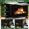 A camping stove with a viewing window showing a fire, with feature callouts and close-ups of air inlet controls. Produktbild-Vorschau
