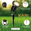 A black LED garden spotlight with a ground spike, shown in a grassy outdoor setting with illustrative callouts highlighting its features. Produktbild-Vorschau