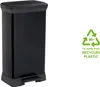 A black rectangular pedal bin is shown on a white background, with a recycling symbol and text indicating it is made from recycled plastic. Produktbild-Vorschau