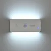 A white LED night light with a motion sensor is mounted on a wall, emitting light upwards and downwards. Produktbild-Vorschau