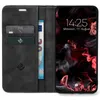 A black flip-style phone case with cards and money inserted, next to a smartphone displaying a lock screen. Produktbild-Vorschau