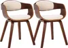 Two modern dining chairs with wood frames and cream upholstery, set against a white background. Podgląd zdjęcia produktu
