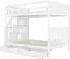 A white bunk bed with stairs and storage drawers, shown against a white background. Náhled obrázku produktu