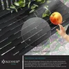 A close-up of a black wooden garden bench with an apple and a child's hand reaching for it. Water droplets are visible on the bench surface, and there is text overlay describing features. Produktbild-Vorschau