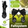 A black foldable wagon is shown in two different states: folded and unfolded, with outdoor scenery in the background. Text overlays highlight product features. Náhled obrázku produktu