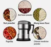 A coffee grinder surrounded by circular images showing different ingredients and their powdered forms. Produktbild-Vorschau