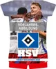 A t-shirt shaped graphic with three soccer players celebrating, a team logo, and text indicating it's a calendar. Produktbild-Vorschau
