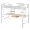 A white metal loft bed with a desk and shelves underneath, shown against a white background. Produktbild-Vorschau