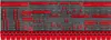 A wall-mounted storage system with multiple red bins and red tool holders on a gray pegboard. Produktbild-Vorschau