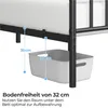 A close-up view of the underside of a bed frame, showing a storage bin placed underneath. Dimensions are indicated with dashed lines and text. Podgląd zdjęcia produktu