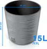A gray textured round planter pot with dimensions and capacity indicated. Náhled obrázku produktu