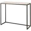 A console table with a white top and black metal legs, presented against a white background.