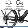 Close-up of the rear derailleur and chainring of an electric bicycle, with text describing features. Voir les images du produit