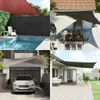 A collage of four images showing different applications of shade sails in outdoor settings, including by a pool, over a patio dining area, over a garage, and on a deck. Produktbild-Vorschau