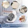 A collage of images showing a handheld mite vacuum cleaner and various household items it can be used on, such as bedding, rugs, sofas, and stuffed animals. Produktbild-Vorschau