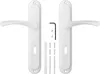 A pair of white door handles with their accompanying hardware, laid out on a white background. Produktbild-Vorschau