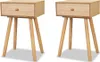 Two identical wooden nightstands with a single drawer and wooden knob, each supported by three angled wooden legs, are shown against a white background. Náhled obrázku produktu
