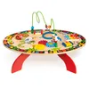 A colorful wooden activity table for children, featuring various interactive toys and educational elements. Podgląd zdjęcia produktu
