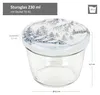 A glass jar with a decorative lid, showing dimensions and capacity. Anteprima dell’immagine prodotto