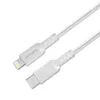 A white charging cable with a Lightning connector on one end and a USB-C connector on the other. Anteprima dell’immagine prodotto